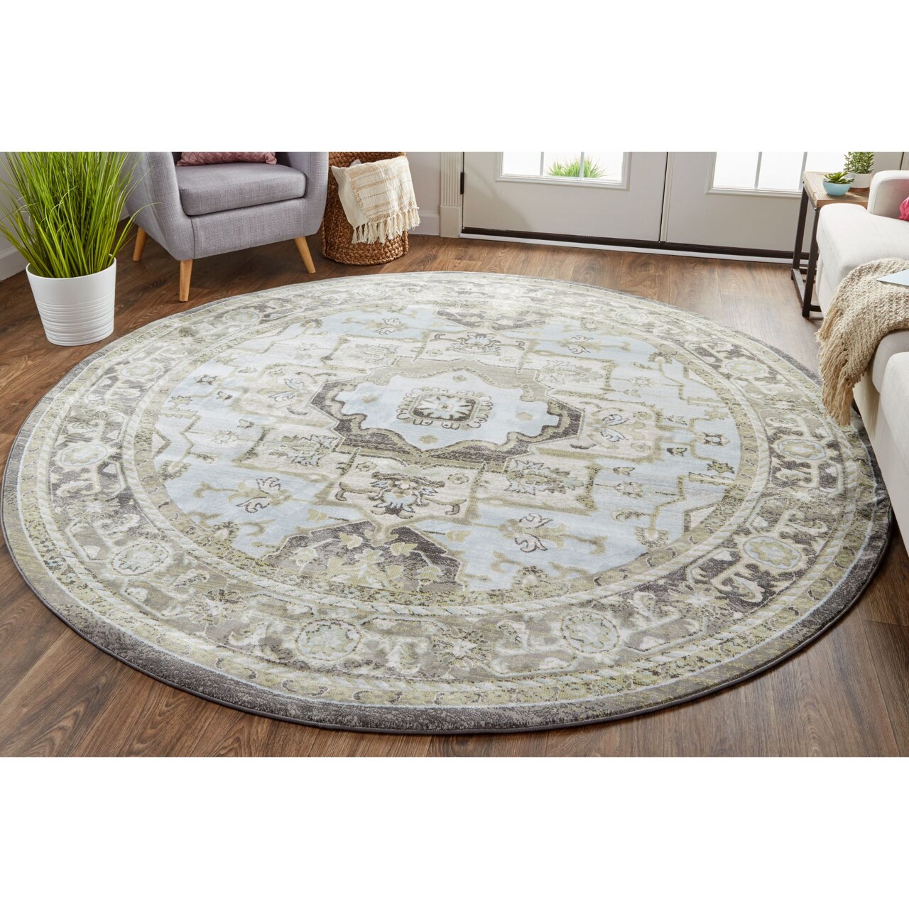 Feizy Home Collection 8' Gray and Mint Green Medallion Round Area Throw Rug